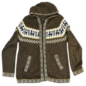 Alpaca Exotic Imports Sweater Sz Medium Full Zip Hooded 100% Alpaca Llama Print
